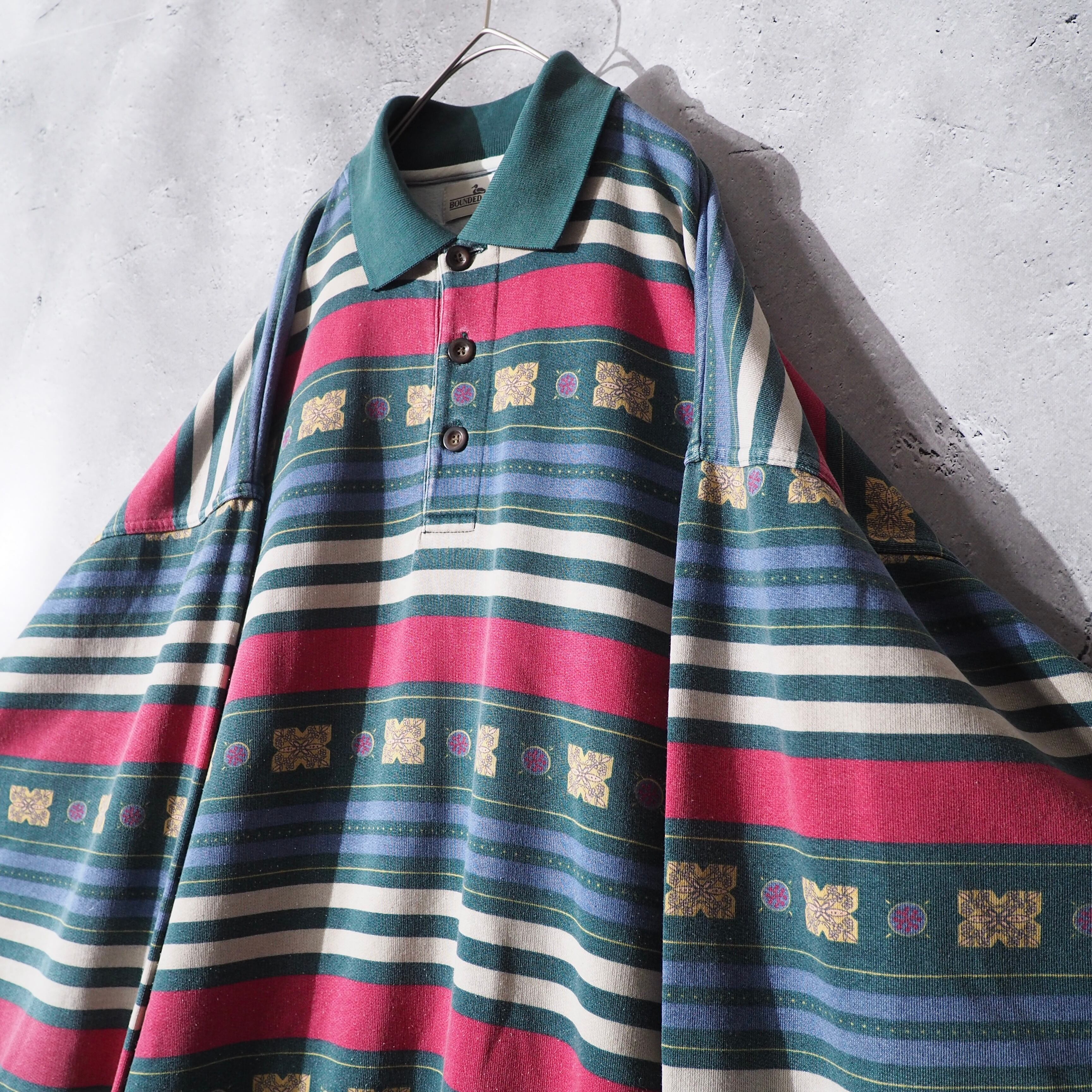 Multi color Border × Ethnic pattern Design vintage loose Pull over shirt