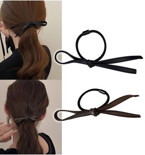 【在庫処分】[Herbeluemily] ヘアゴム リボン PUレザー 2本セット 黒 飾り付きヘアゴム ヘアアクセ 髪飾り おしゃれ 大人 黒 茶 ミックス2本セット HM-0020-R04-BKBN