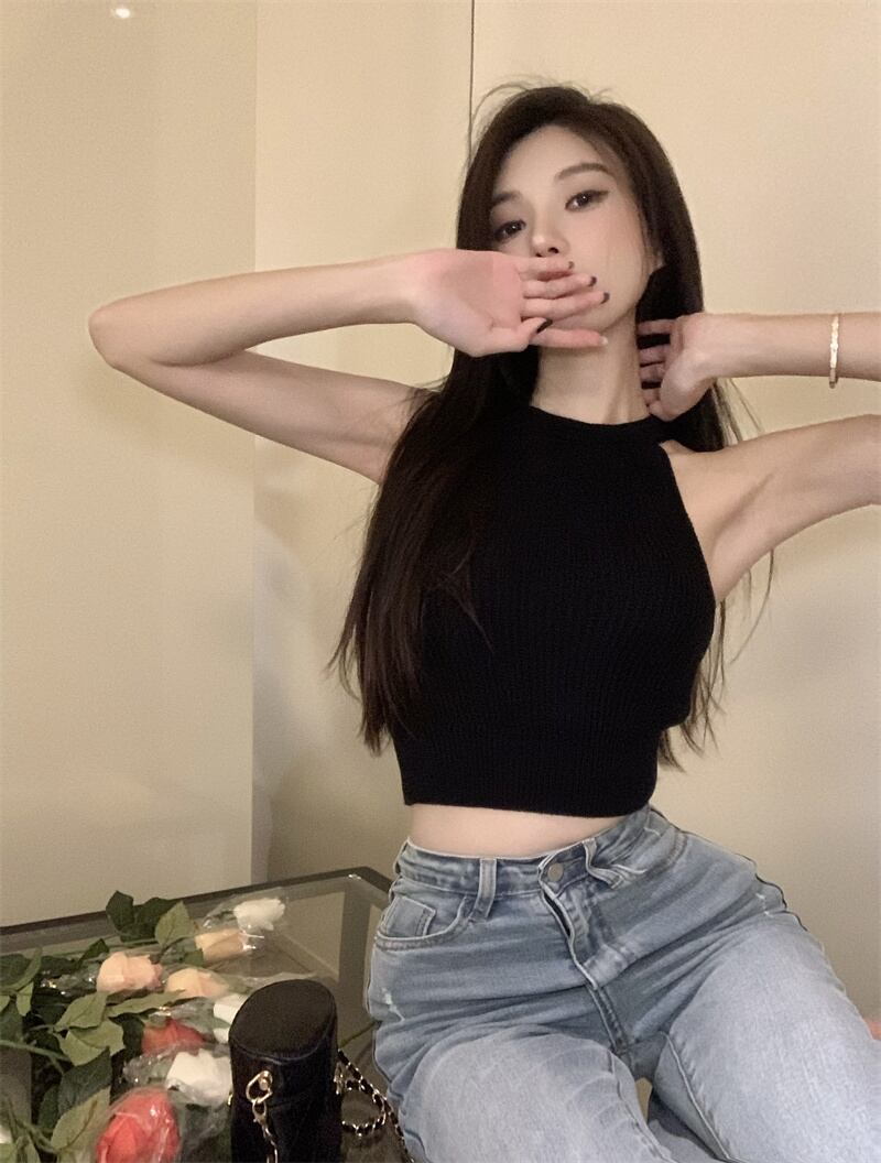 ホルターネックニットキャミソールベスト女性サマーブラックオフ