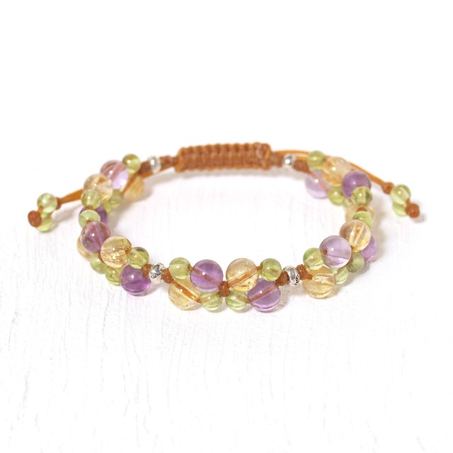 パープルフローライト＋シトリン＋ペリドット花＊花マクラメブレスレット