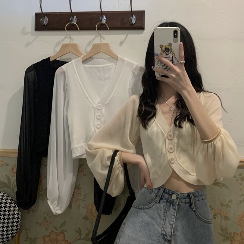 シフォンVネックカーディガンセーター スプリングサマーショートカジュアルシャツ ロング 春物 夏物 ステッチ YY-ファッション34376154071