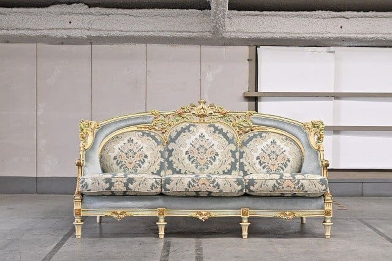 イタリア高級家具 110万 Mario Colciago&Figli(マリオ・コルチャゴ) 3人掛けソファ 3P トリプルソファ ファブリック 彫刻 クラシック【中古家具/中古インテリア/USED家具ユーズド家具/リサイクル】