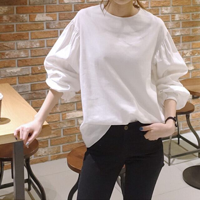 レディース ブラウス バルーンスリーブ ボリュームスリーブ トップス ノーカラー ホワイト オーバーサイズ サイズ展開豊富 S/M/L/XL/2XL