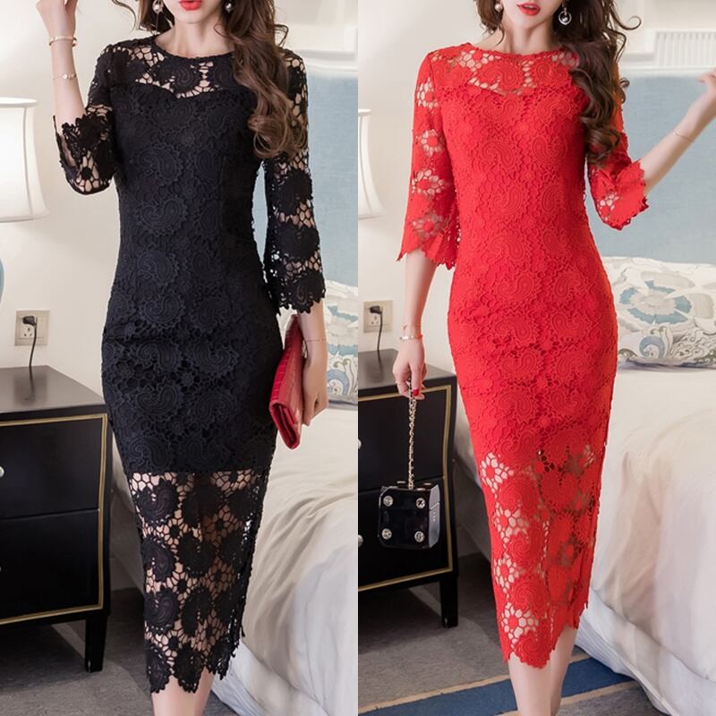 七分袖 総レース タイト ロングワンピース