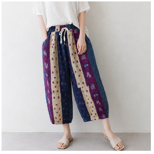 SALE！エスニックストライプパッチコットンコクーンパンツ/M～L