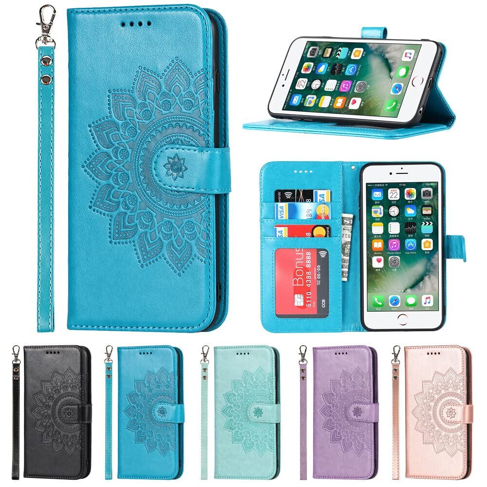 Eastwave アイフォンSE 2022 第3世代 ケース 手帳型 for iPhone SE 2020 / 8 / 7 手帳型 財布型 カバー手帳 ストラップ付き フラワープリント PUレザー カード収納 横置きスタンド 機能 内蔵マグネット—ネイビー
