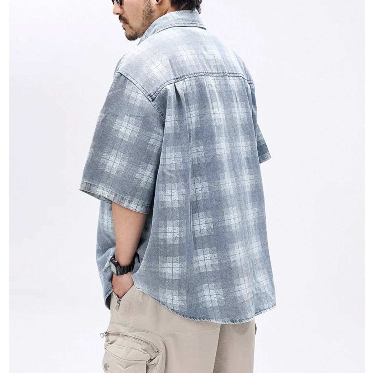 Distressed plaid denim work shirt 1436 - 3