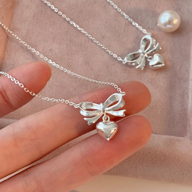 Weiwan925シルバー愛心&リボンネックレス 2s