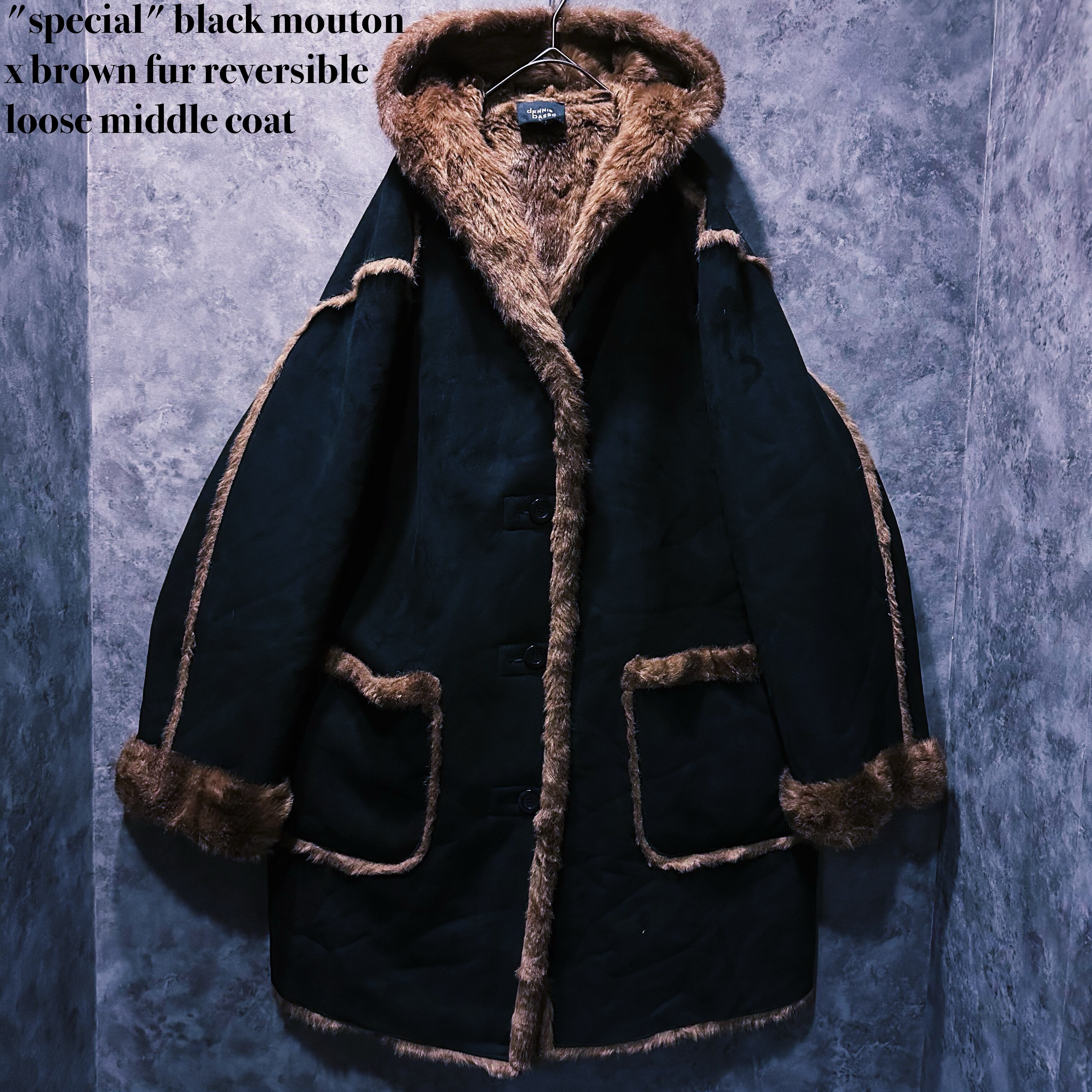 【 doppio】"special" black mouton x brown fur reversible loose middle coat