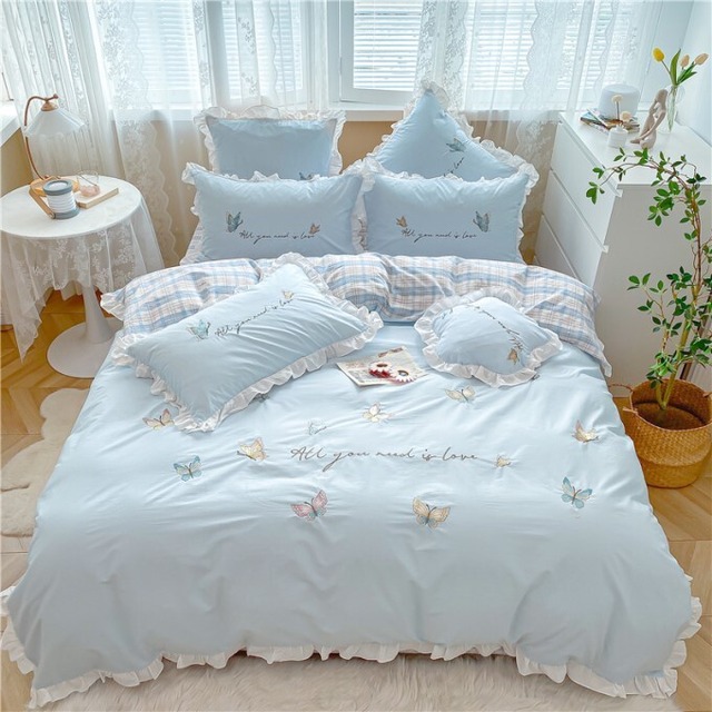 ボックスシーツ ダブルサイズ4点セット バタフライ刺繍 チェック柄デザインコットン素材寝具カバー 布団カバー ベッドカバー 寝室 インテリア ガーリー 可愛い お洒落 Sweet Dreams