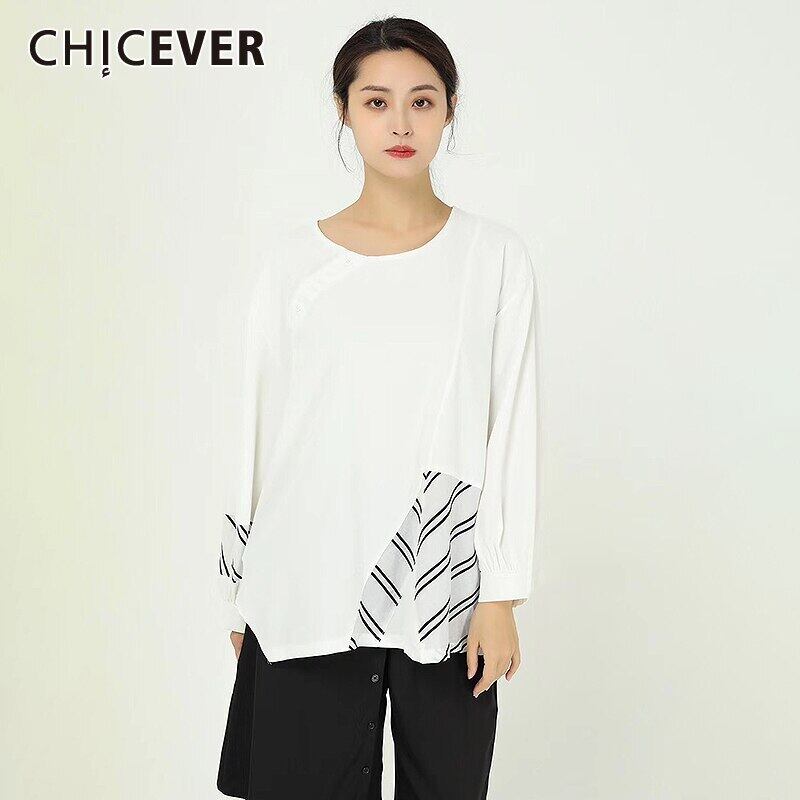 CHICEVERプリントレディースTシャツOネックランタン長袖ルーズヒットカラーパッチワークストライプTシャツ2020 ロング 6base53690258641