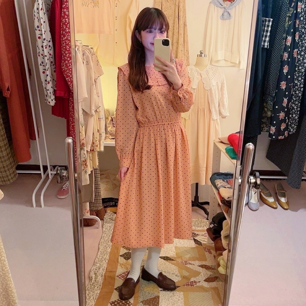 coral pink round frill dot one-piece