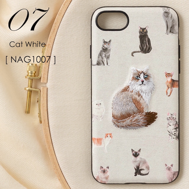 立体刺繍スマホケース iPhone PUレザー 07.Cat White