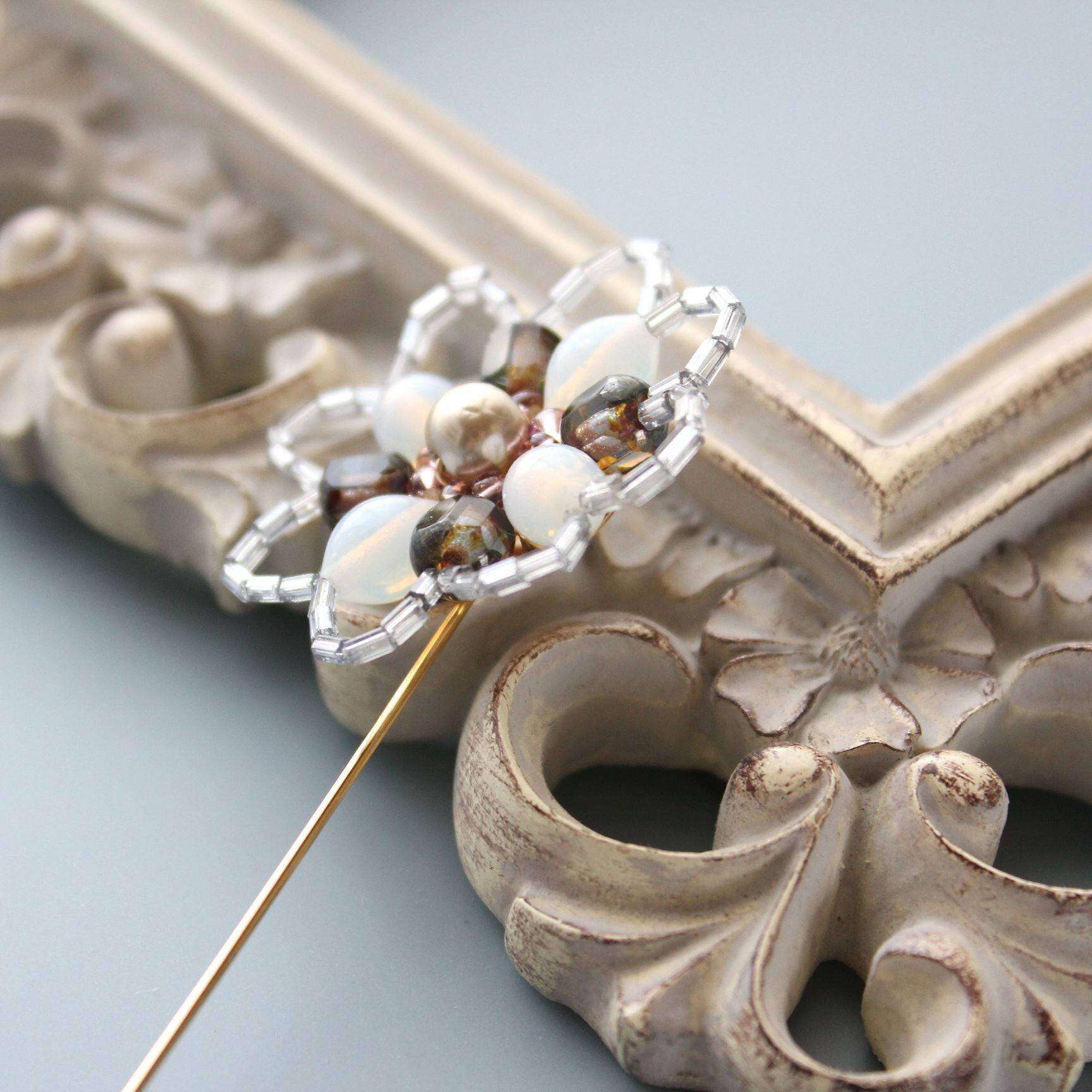 ノスタルジック お花のモチーフ(ブルー） ハットピン ピンブローチ