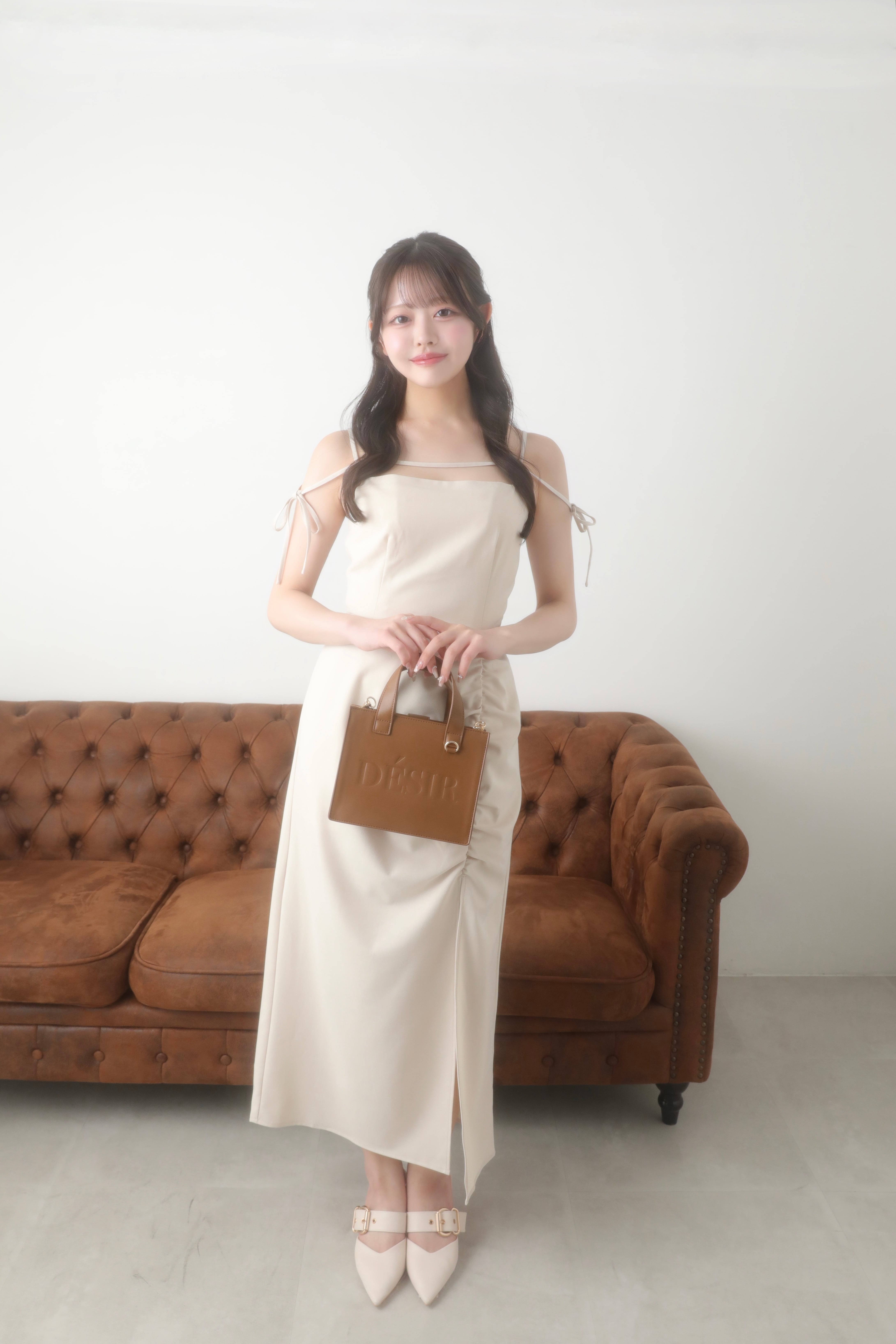 ribbon gather slit long onepiece(ivory) | Désir et Raison