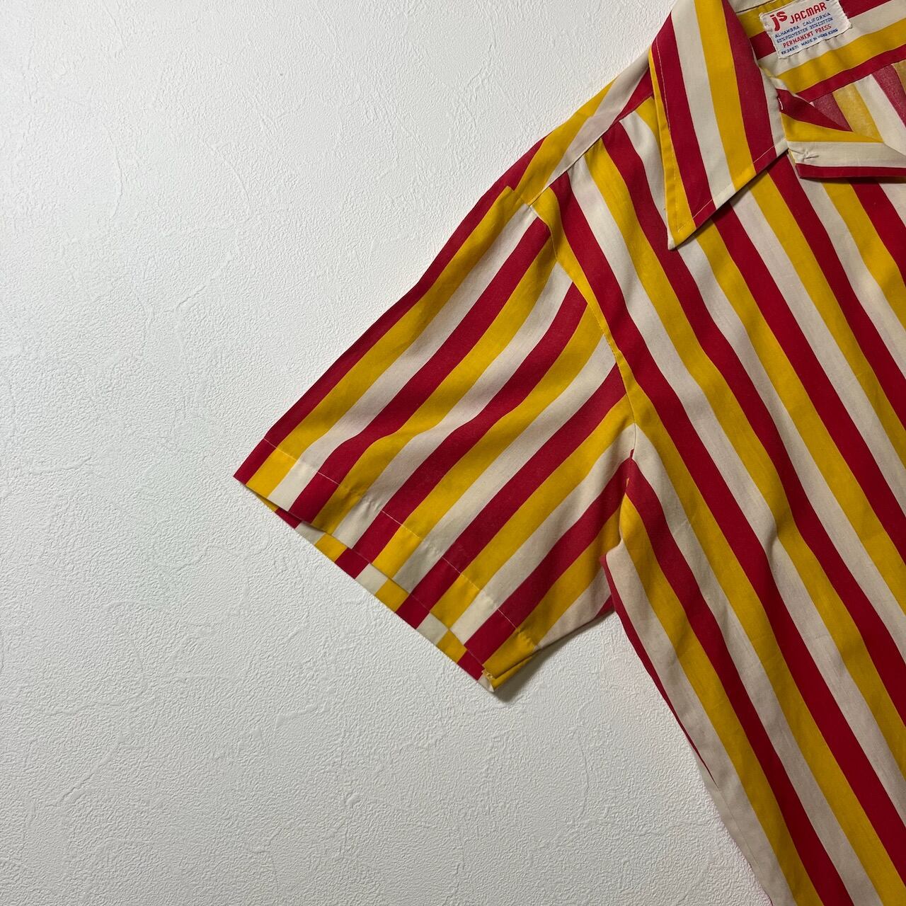 70s オープンカラー 開襟 ストライプ 半袖シャツ レッド L 古着 | RUFFY