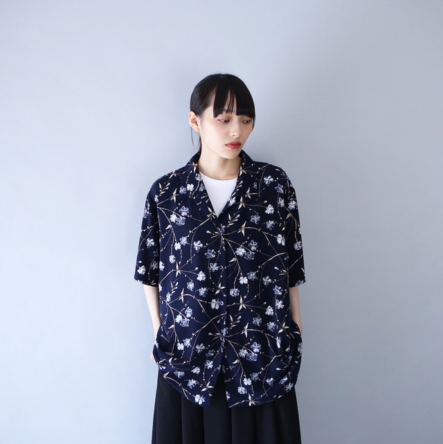 "花柄" navy base beautiful blue flower open collar h/s shirt