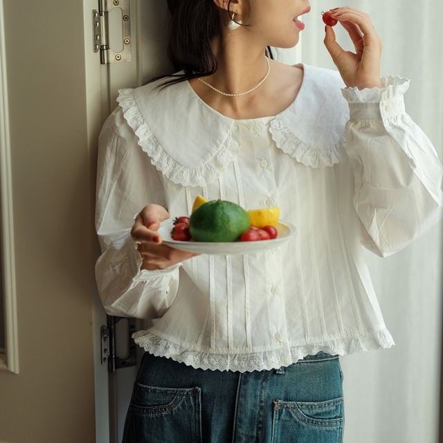 フリルデザイン 丸襟 クロップト丈 ロングスリーブブラウス 00463