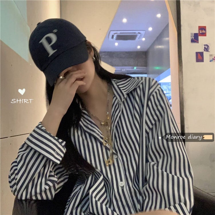 スタンダードスタイルストライプシャツ ルーズトップス ロング レトロ モンロー66365710315