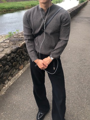 【Muscle Fit】Cashmere Ribbed Henley Neck Knit (5color)