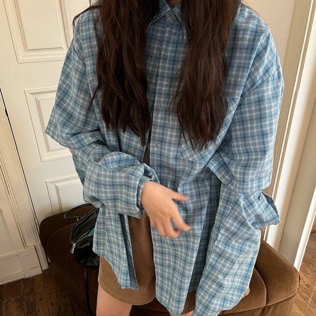Checkered Oversized Shirt Button Down Long Sleeve 1color A0016