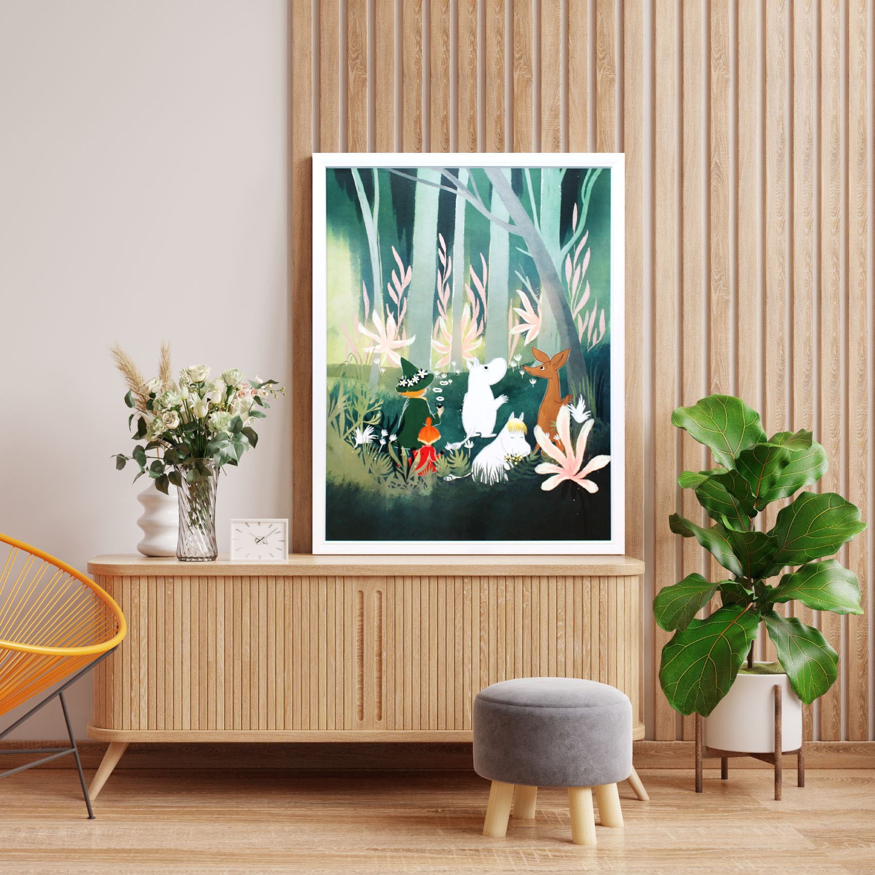 ムーミン 北欧 Karto「森の中のムーミンと仲間達」送料無料 フレーム 展示用フック付アートポスター 絵画 インテリア アート