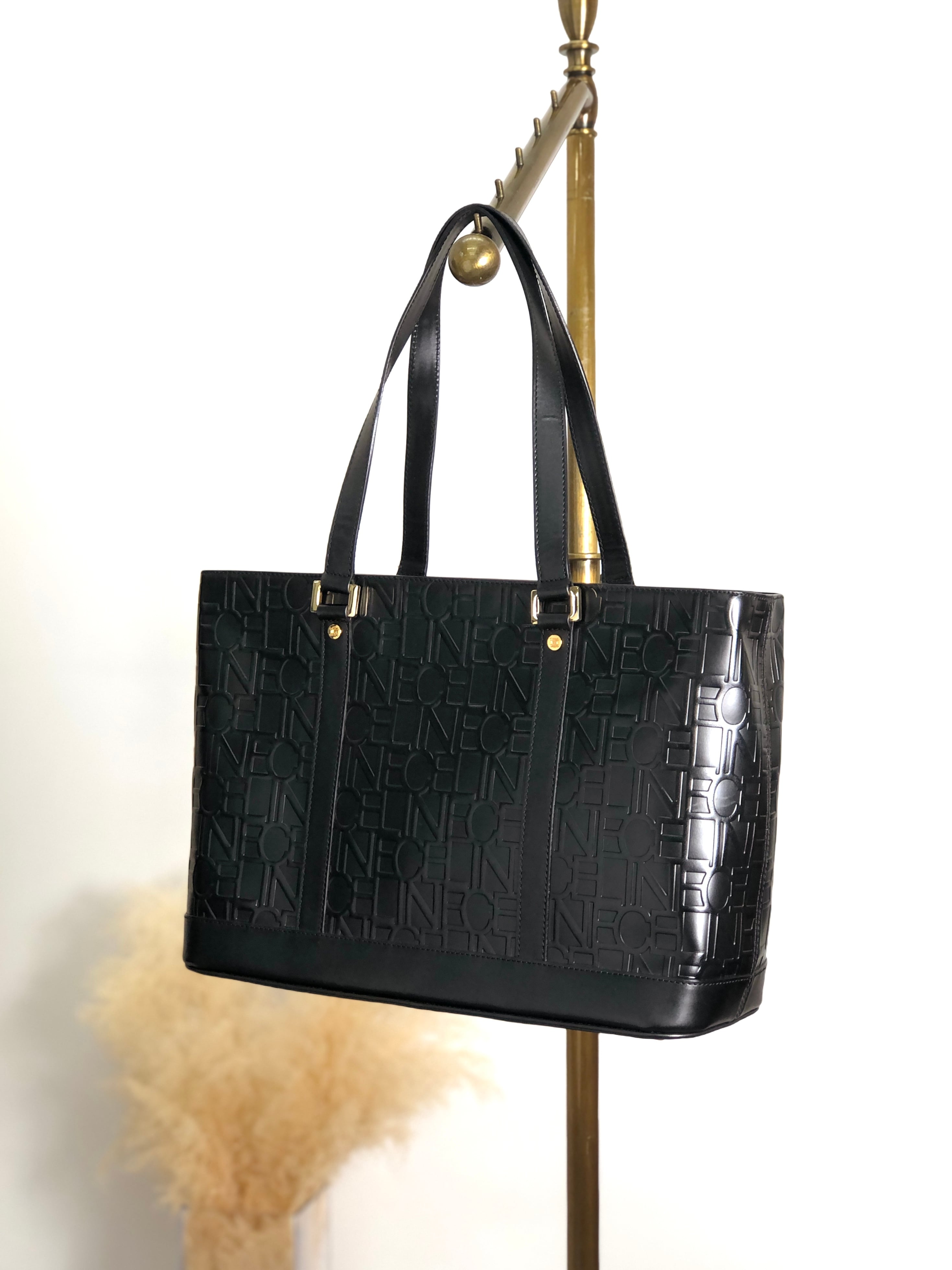 CELINE セリーヌ ロゴ型押し ハンドバッグ ブラック レザー vintage