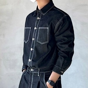 【韓国メンズファッション】ディープネイビーデニムシャツ カジュアル アメカジ 秋 定番 ユニセックス BW2405