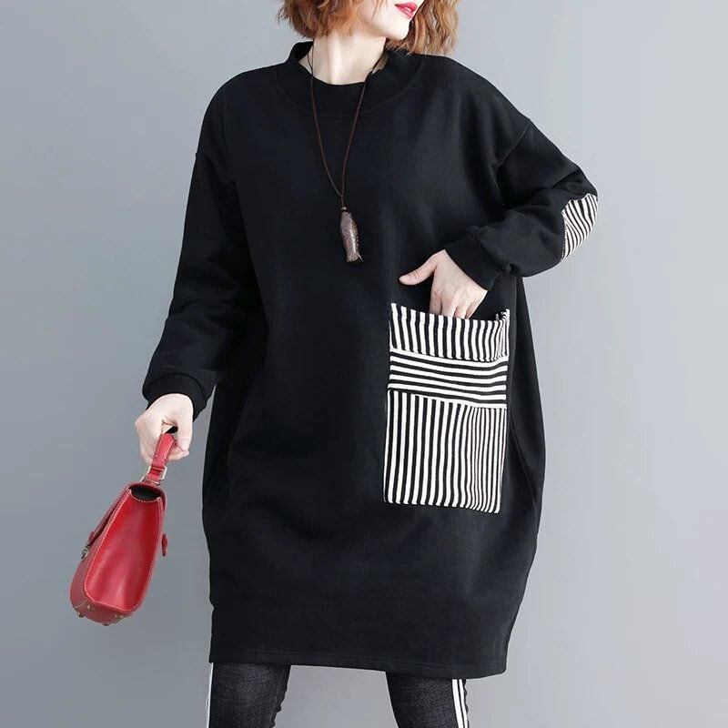 STRIPE PATCHED FLEECE LINING MOCK NECK MINI SWEAT DRESS 1color M-15634