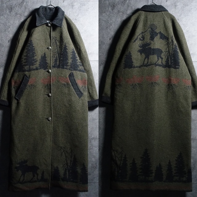 Green Elk Landscape Design Maxi Length Wool Coat
