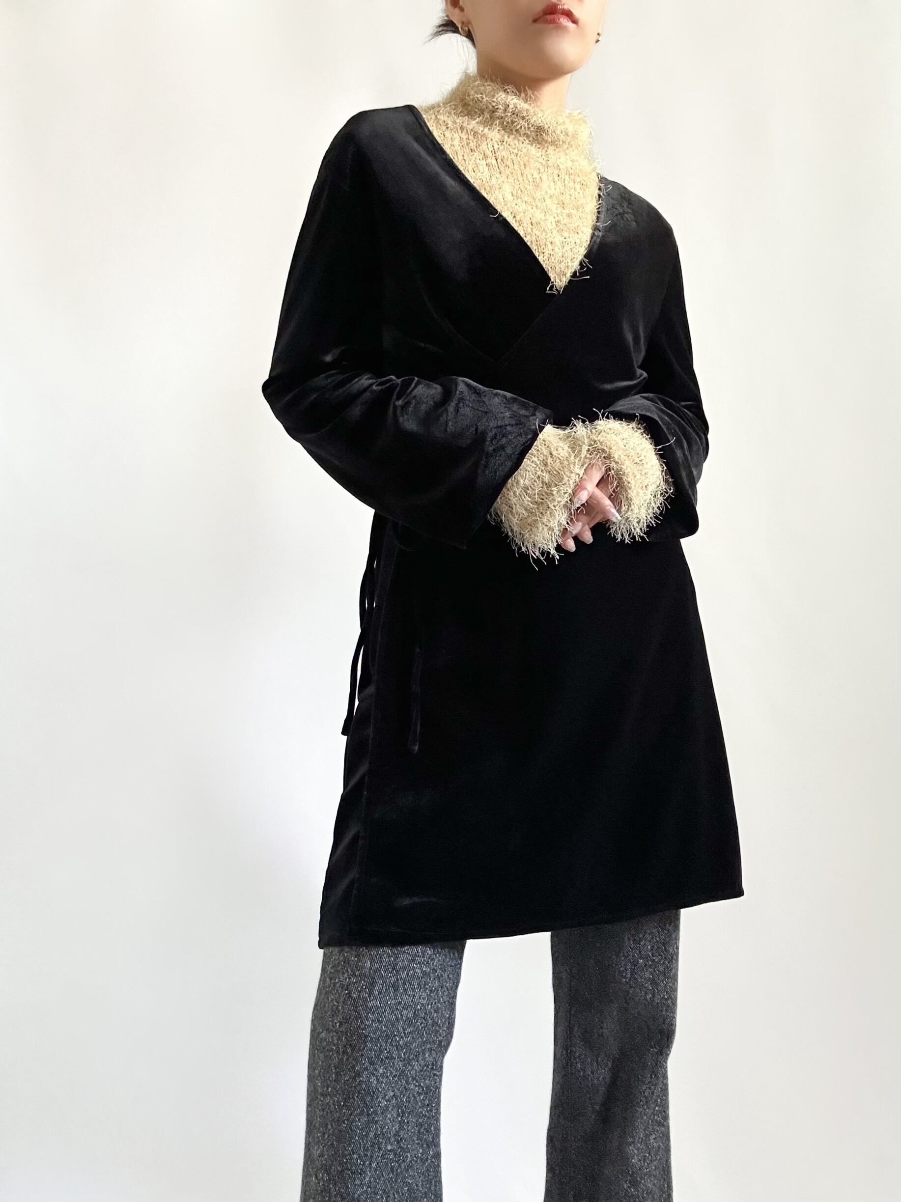 90s velour wrap tunic 90年代 ベロア 無地 ラップ巻きチュニック 長袖