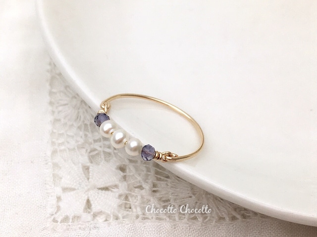 アイオライトと淡水パールの指輪