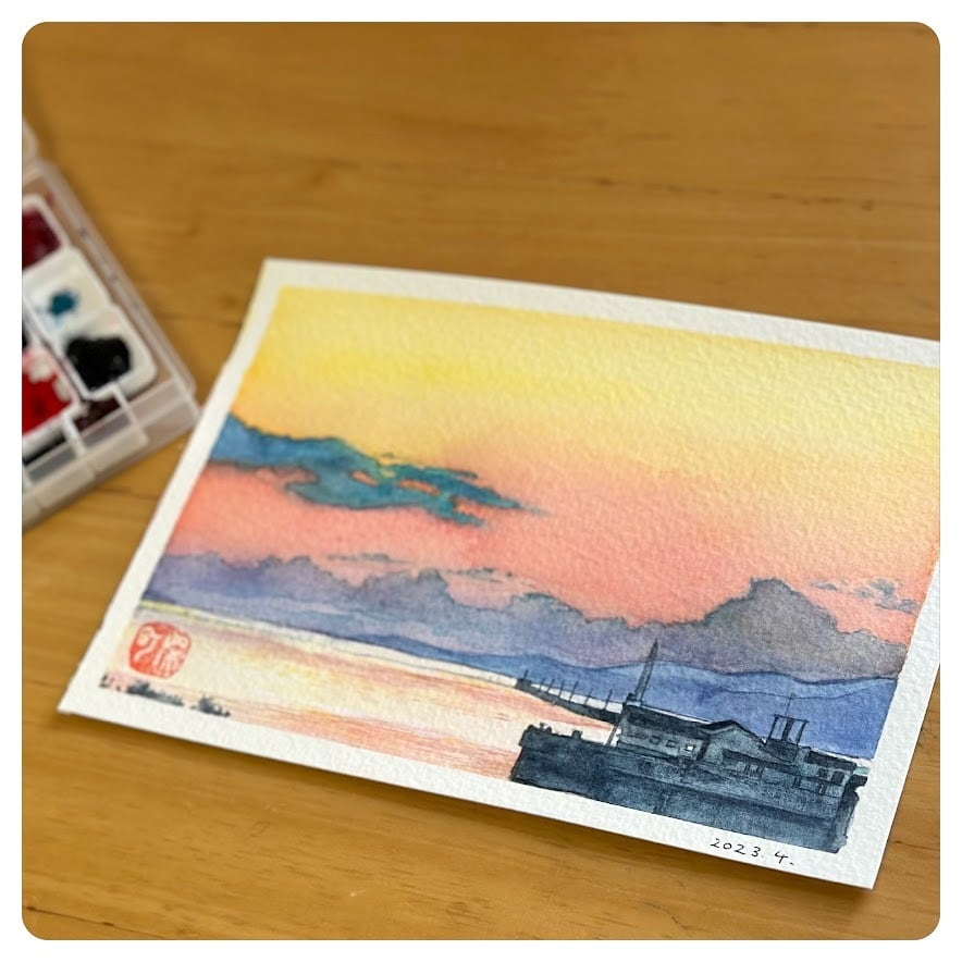 三池港の夕陽の水彩画2 | DARENIHO ARTSHOP