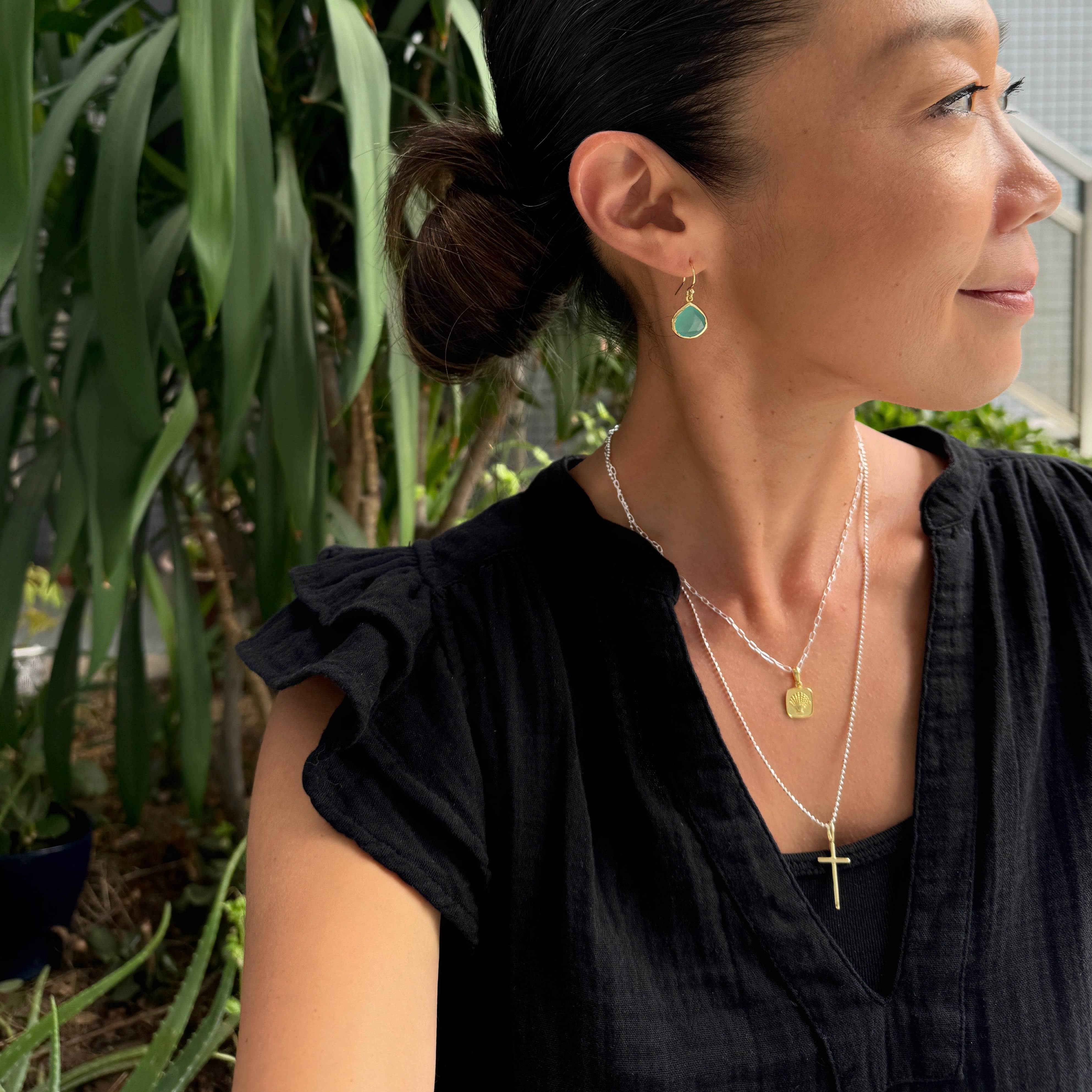 Gold Coating ダブルチェーン 重ね付け スクエア プレート シェル