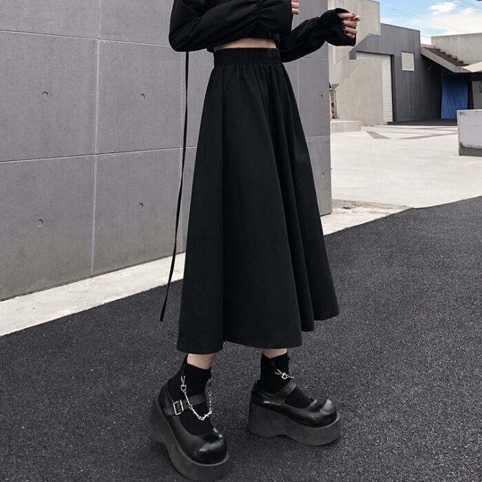 カジュアルAラインスカート スプリングダークブラックハイウェスト薄手ルーズロング 春物 ケッペル7340126198