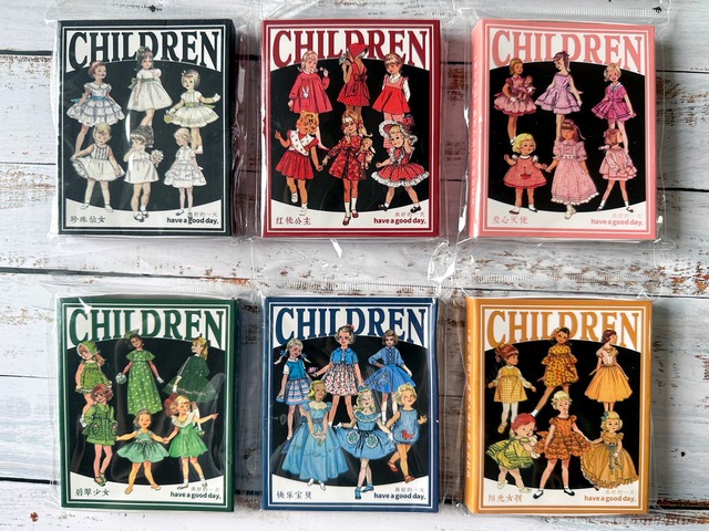 ヴィンテージ風少女のファッション箱入り和紙シールセット　50枚入り　童心乐园（Childhood paradise）シリーズ【美好的一天(have a good day)】[HG-17s]