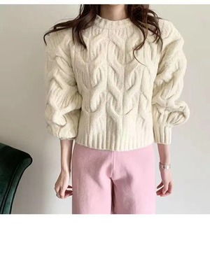 ラウンドネックケーブル編みニット