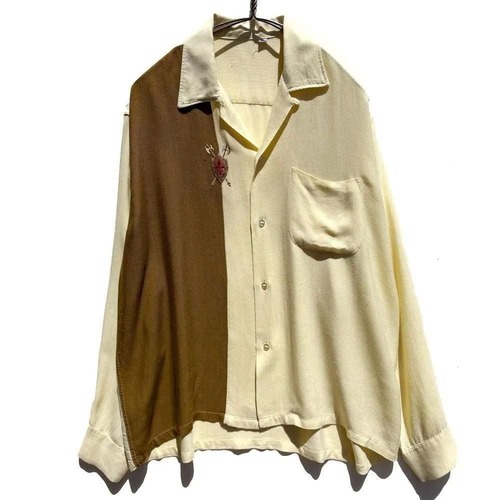 Vintage Rayon Open Collar Panel Shirt with Embroidered Emblem [1960s-]