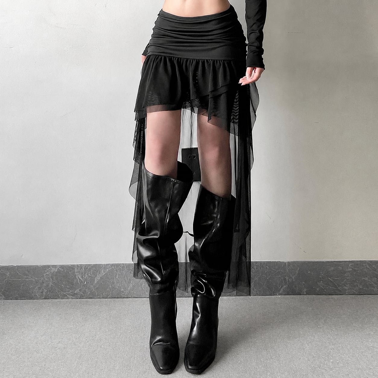 long sheer mesh layered skirt / l0675