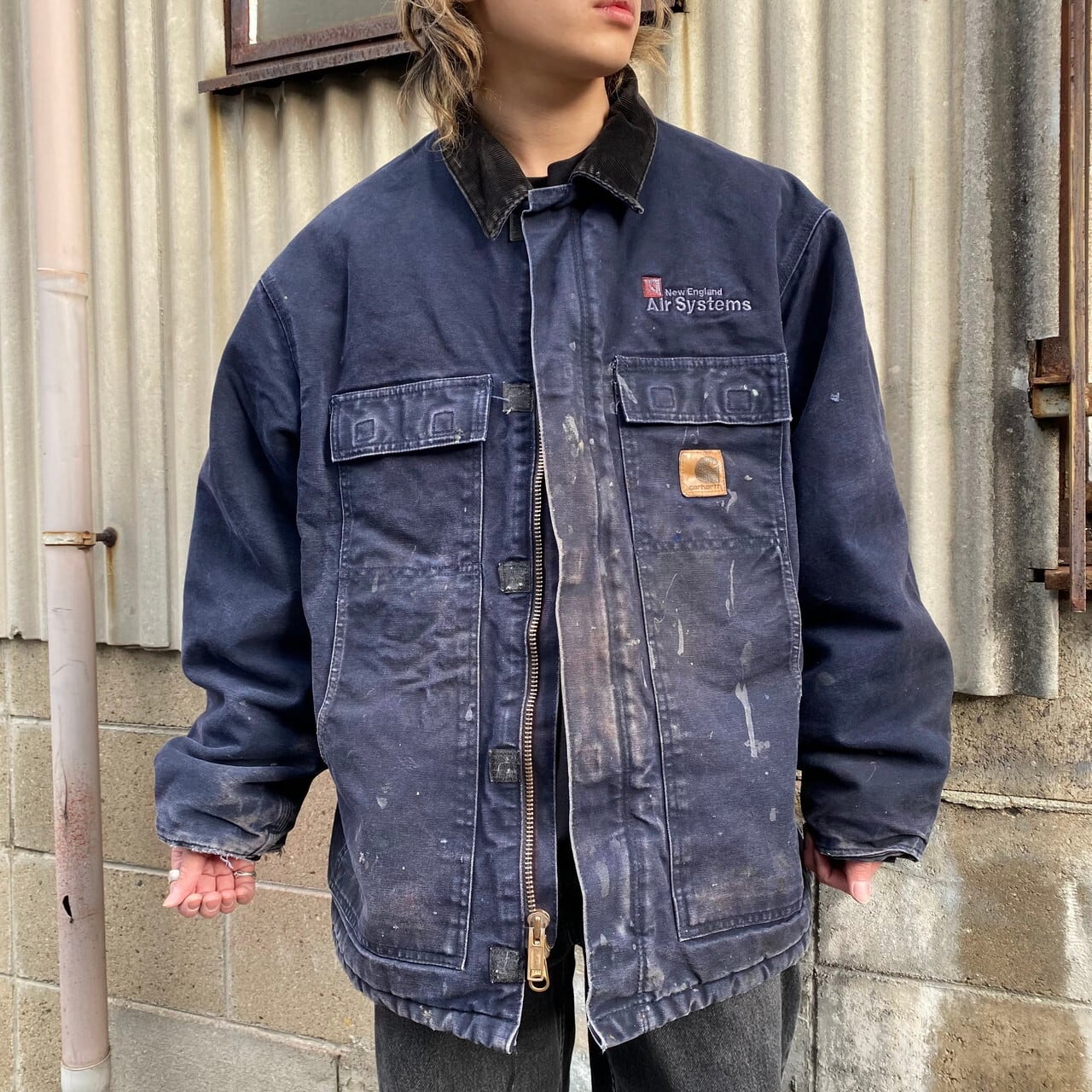 雰囲気系 ビッグサイズ Carhartt カーハート 企業ロゴ刺繍 トラディショナルコート ワークジャケット メンズ2XL相当 古着 Carhartt  ダック地 カバーオール 中綿入り キルティングライナー ネイビー 紺色 大きいサイズ【ワークジャケット】【2203AL15】 | cave ...