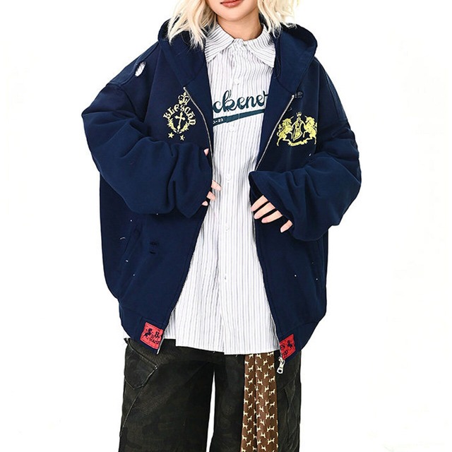 エンブレムダメージルーズジップフーディ   R01518