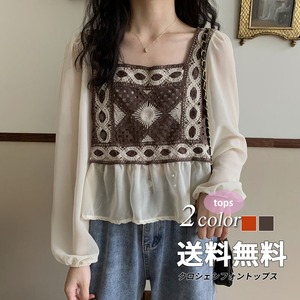 エスニック風トップス レディース 送料無料 トップス シャツ ブラウス ボヘミアンシフォン切替えブラウス エスニック刺繍ボリュームブラウス クロシェトップス ショート丈 長袖 ボリューム袖 バルーンスリーブ スクエアネック ペプラム 切り替えデザイン ドッキング 刺繍 シフォン クロシェ 編み込み 透け感 シースルー 異素材MIX 大人可愛い きれいめ 上品 レトロ エスニック キュート ガーリー ニュアンスカラー ボタニカル ボヘミアン 高見え 格上げ インスタ映え 春夏 おしゃれ お出かけ トレンド