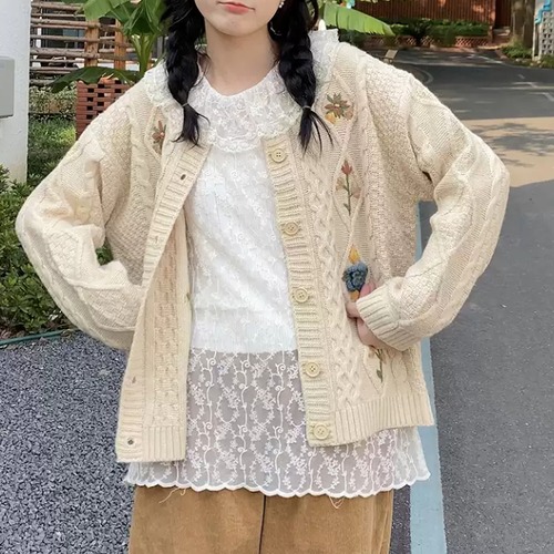 フラワー刺繍ケーブルニットカーデ ・12053