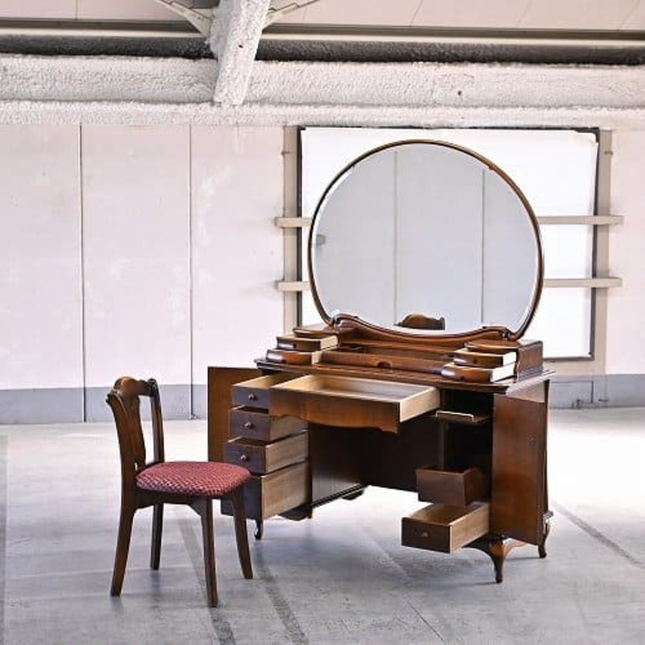 松永工房 47万「CONTINUE/カンティーニュ/アロール」ドレッサー チェア付き 楢材 一面 鏡 ミラー 椅子 アンティーク調 クラシック 鏡台【中古家具/中古インテリア/USED家具ユーズド家具/リサイクル】