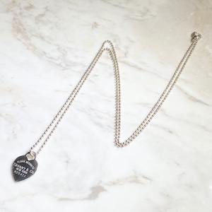 TIFFANY silver heart charm pendant with long ball chain necklace “return to”