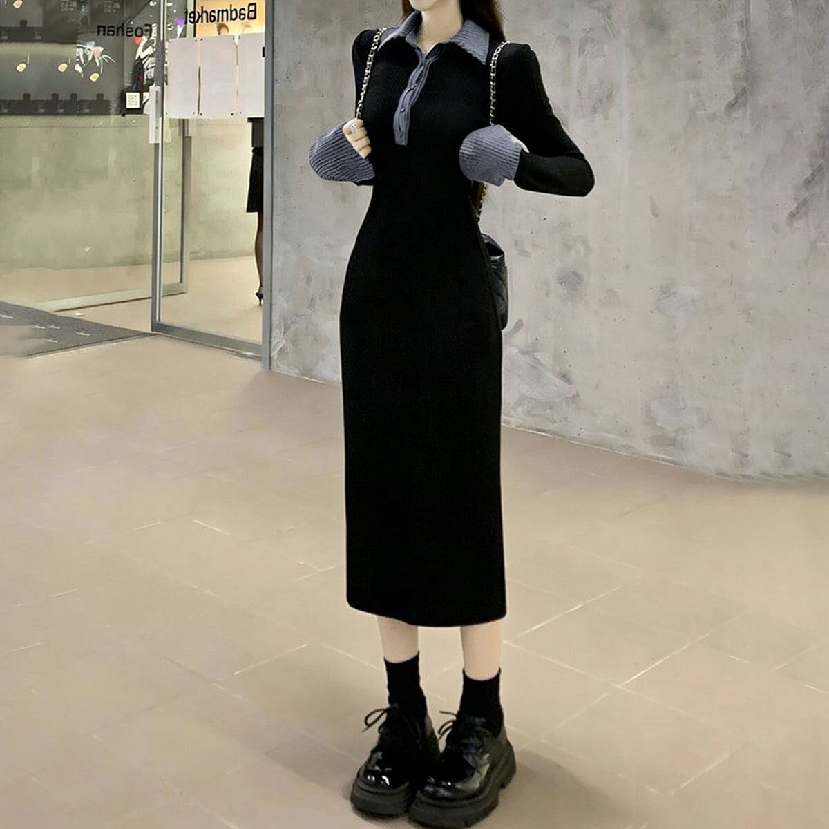 ポロ衿 ロングワンピース 長袖 レディース 春秋冬 韓国 ワンピース きれいめ 大人 かわいい カジュアル ハーフボタン 配色 ブラック 黒 リブニット ニットワンピース 大人可愛い 大人女子