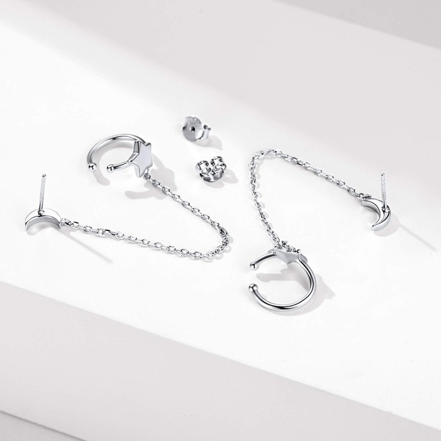 ChicSilver 星 月 ピアス レディース イヤーカフ チェーン シルバー925 プラチナ かわいい アクセサリー