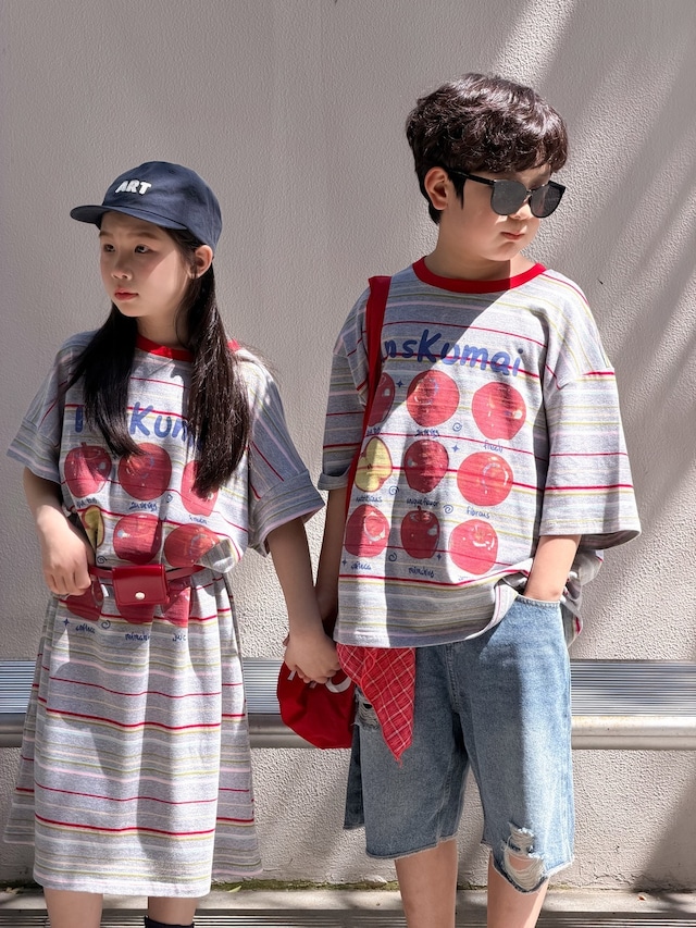林檎Tシャツとワンピース（グレー）KMAI｜Tシャツ カジュアルワンピース｜小学生 ジュニア対応｜普段着｜韓国子供服｜男の子 女の子｜100-160cm｜2026夏服 ［取寄］