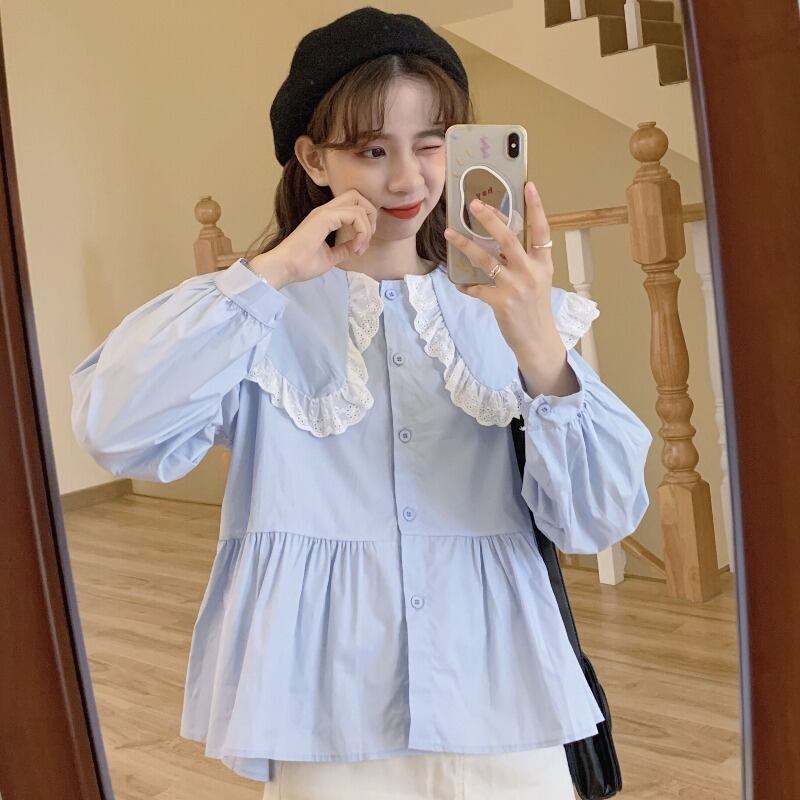 オータムカラーシャツ スプリングスタイルブルーブラウス ジャケット ロング 春物 秋物 萌量不足68575854661