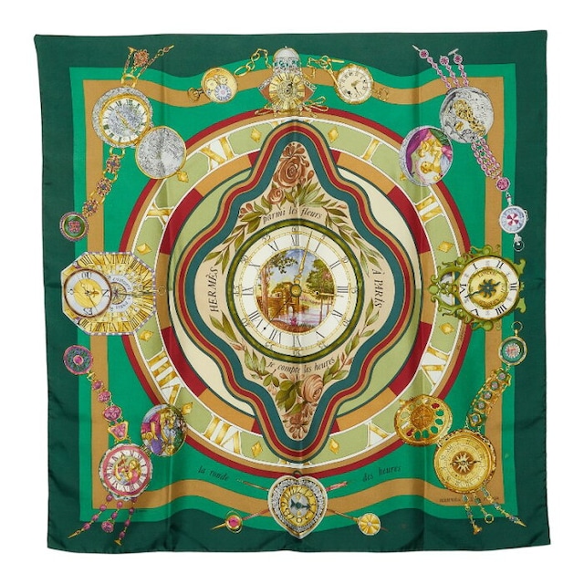 エルメス カレ90 Parmi les fleurs je compte les heures 花の中で過ごす時間 スカーフ グリーン マルチカラー レディース HERMES 【中古】